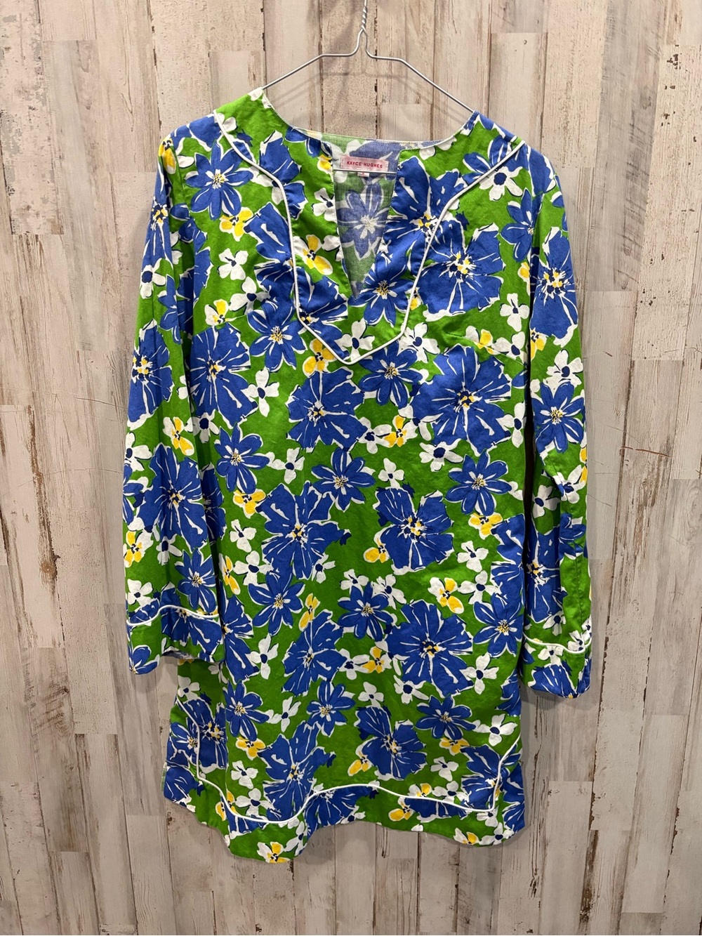 Kayce Hughes Blue Green Floral Mini Dress Size 2 Boho Preppy 60s Retro